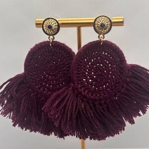 Burgundy Macrame Fringe Earrings Womens Boho Statement Post Back Lightweight